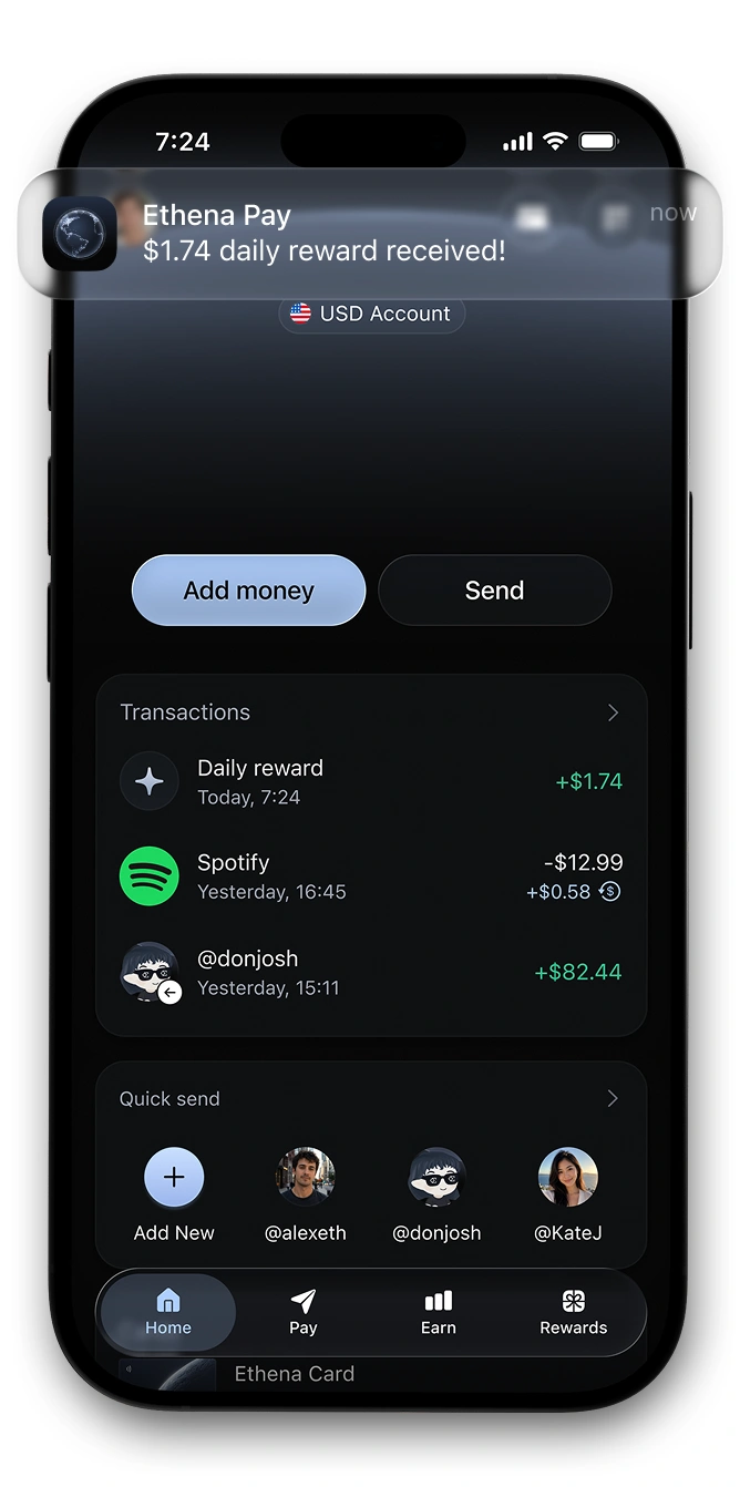 Ethena Pay app — USD account earning daily rewards