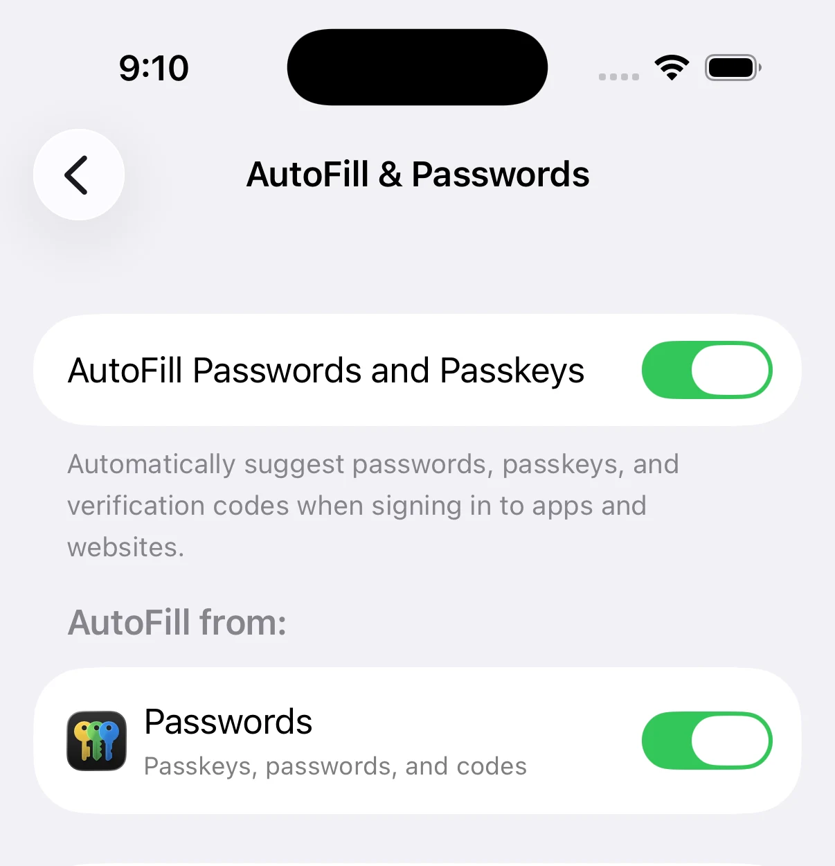 The iPhone AutoFill & Passwords settings screen. The AutoFill Passwords and Passkeys switch at the top is on, and under the heading AutoFill from: the Passwords app is listed with the subtitle Passkeys, passwords, and codes and its own switch on.
