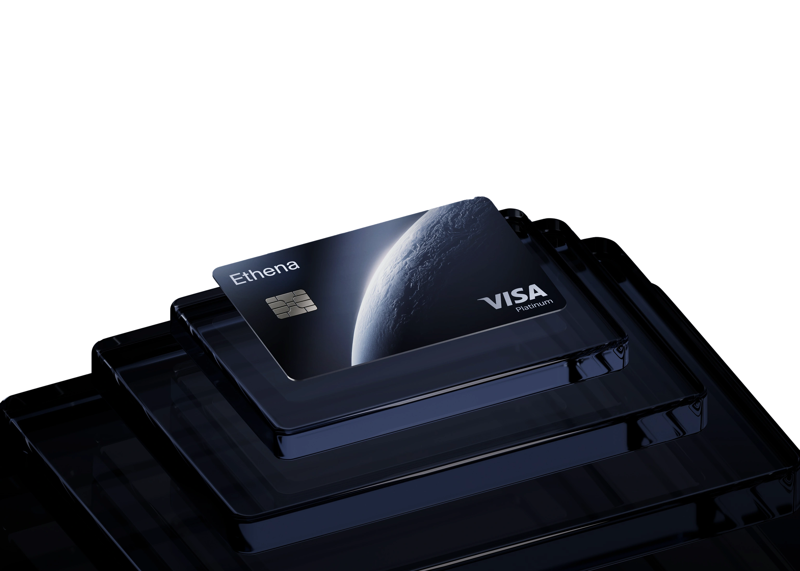 Ethena Visa Platinum card on glass pedestals